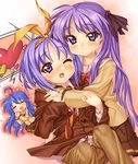  blue_eyes blue_hair hair_ribbon hiiragi_kagami hiiragi_tsukasa izumi_konata kink long_hair lucky_star mole mole_under_eye multiple_girls necktie oversized_clothes purple_hair ribbon school_uniform twintails 