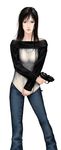  black_hair brown_eyes denim gantz gun handgun highres idnar jeans long_hair pants pistol realistic shimohira_reika shirt_tug solo weapon x-gun 