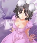  animal_ears bed black_hair breasts brown_eyes bunny_ears cleavage inaba_tewi jpeg_artifacts lowres medium_breasts older short_hair solo third-party_edit to_heart_2 touhou yuzuhara_haruka 