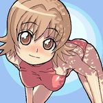  artist_request ass bikini blush breasts brown_eyes brown_hair closed_mouth dappled_sunlight eyebrows eyebrows_visible_through_hair hanging_breasts large_breasts lowres momose_kurumi nose_blush pani_poni_dash! red_bikini skin_tight smile solo standing sunlight swimsuit 
