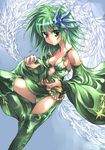  boots breasts cleavage detached_sleeves final_fantasy final_fantasy_iv green_eyes green_footwear green_hair hair_ornament kouno_hikaru rydia small_breasts solo thigh_boots thighhighs 