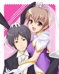  1girl :d animal_ears brown_hair bunny_ears closed_mouth couple dress elbow_gloves formal gloves hetero necktie open_mouth original pink_background puffy_short_sleeves puffy_sleeves purple_dress red_eyes see-through short_hair short_sleeves simple_background smile suit upper_body waku white_gloves white_neckwear 