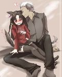  1girl animal_ears archer artist_request black_legwear blush cat_ears dark_skin dark_skinned_male dog_ears dog_tail fate/stay_night fate_(series) height_difference tail thighhighs toosaka_rin turtleneck two_side_up 