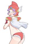  ;d ass blue_eyes blush breasts cape caryo dragon_quest dragon_quest_monsters flat_ass helmet large_breasts lowres machiko_(dragon_quest) midori_boushi one_eye_closed open_mouth panties pink_hair red_panties short_hair shoulder_pads sideboob simple_background smile solo topless underwear white_background white_wings wings 