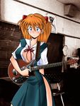  90s aqua_eyes bandolier bangs blush breasts classroom dress electric_guitar guitar hetano_yokozuki holding holding_instrument instrument large_breasts long_hair neck_ribbon neon_genesis_evangelion no_bra open_clothes open_shirt orange_hair panties photo_background pinafore_dress ribbon sailor_collar school_uniform shirt short_sleeves side_slit sketch_eyebrows solo souryuu_asuka_langley standing striped striped_panties two_side_up underwear white_sailor_collar white_shirt 