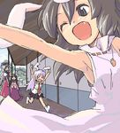  &gt;_&lt; \o/ animal_ears armpits arms_up bunny_ears closed_eyes fang houraisan_kaguya inaba_tewi multiple_girls nametake oekaki open_mouth outstretched_arms reisen_udongein_inaba running smile touhou veranda yagokoro_eirin 