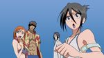  2girls :o abs beach bikini black_hair bleach blue_eyes breasts dress_shirt flat_chest glasses hair_ornament hair_over_eyes hair_up hairclip hawaiian_shirt highres inoue_orihime ishida_uryuu kuchiki_rukia large_breasts long_hair multiple_boys multiple_girls non-web_source open_clothes open_mouth open_shirt orange_hair ponytail print_bikini sado_yasutora screencap shirt smile swimsuit tank_top vector_trace 