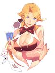  artist_request breasts card cleavage copyright_request falling_card holding holding_card large_breasts solo 