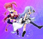  :d agito_(nanoha) armlet bare_shoulders black_gloves black_legwear blue_eyes blush collarbone fingerless_gloves full_body gloves loafers long_hair lyrical_nanoha magic_circle magical_girl mahou_shoujo_lyrical_nanoha_strikers multiple_girls open_mouth red_eyes red_hair reinforce_zwei shoes silver_hair single_thighhigh smile standing thighhighs very_long_hair yone 