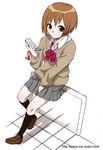  black_legwear brown_footwear cardigan cellphone expressionless grey_skirt holding holding_cellphone holding_phone leaning_back loafers long_sleeves looking_at_viewer mattaku_mousuke original phone pleated_skirt school_uniform shoes short_hair skirt solo sweater 