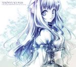  blue blue_eyes breasts corset detached_sleeves long_hair medium_breasts mogami_rio monochrome original solo 