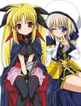  blonde_hair breast_squeeze breasts cloak fate_testarossa hotori_(sion) lyrical_nanoha mahou_shoujo_lyrical_nanoha mahou_shoujo_lyrical_nanoha_a's medium_breasts multiple_girls one_eye_closed thighhighs yagami_hayate 