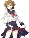  :d autumn_leaves brown_hair green_eyes midriff motomiya_mitsuki open_mouth original school_uniform serafuku short_hair skirt skirt_lift smile solo 