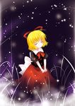  black_background blonde_hair bow catbell closed_eyes dress flower grass hair_ribbon lily_of_the_valley medicine_melancholy ribbon short_hair smile solo sparkle touhou v_arms 