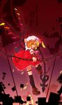  black_legwear blonde_hair dress etogami_kazuya flandre_scarlet full_body hat holding holding_weapon laevatein looking_at_viewer mob_cap polearm puffy_short_sleeves puffy_sleeves red_dress red_eyes short_sleeves solo spear thigh_strap thighhighs touhou weapon wings zettai_ryouiki 