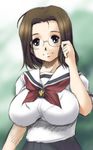  breasts brown_hair glasses impossible_clothes impossible_shirt kamichu! kantori large_breasts school_uniform serafuku shijou_mitsue shirt short_hair solo 