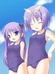  blue_eyes closed_eyes hair_ribbon hiiragi_kagami hiiragi_tsukasa long_hair lucky_star multiple_girls one-piece_swimsuit purple_hair purple_school_swimsuit ribbon safi school_swimsuit short_hair siblings sisters swimsuit twins twintails 