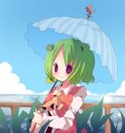  ana_(rznuscrf) ascot bird chicken cloud clover day fence four-leaf_clover green_hair hair_ornament kazami_yuuka ocean parasol plaid plaid_vest red_eyes rooster short_hair silhouette smile solo touhou umbrella upper_body vest 