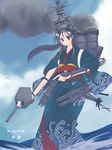  8touhei black_hair blue_eyes character_name chimney gun imperial_japanese_navy japanese_clothes long_hair mecha_musume military ocean original personification ship sidelocks smoke solo tama_(cruiser) watercraft weapon world_war_ii 