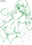  breasts cameltoe covered_nipples dated green kei_jiei large_breasts long_hair lying monochrome original sketch skin_tight solo very_long_hair 