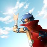  bandages blue_hair bodypaint cape cloud day glasses kamina kamina_shades male_focus mamiko_(sss) shirtless sky solo tengen_toppa_gurren_lagann 