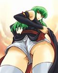  ass bangs bare_shoulders c.c. code_geass detached_sleeves elbow_gloves from_below gloves green_hair long_hair looking_back looking_down michael no_panties partially_visible_vulva short_shorts shorts solo thighhighs yellow_eyes 