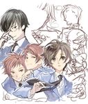  3boys androgynous artist_request black_hair brown_hair fujioka_haruhi hitachiin_hikaru hitachiin_kaoru multiple_boys necktie ootori_kyouya ouran_high_school_host_club reverse_trap school_uniform smirk 