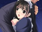  1girl black_eyes black_hair blush game_cg genmukan hand_on_another's_head hetero hug long_hair maid night open_mouth solo_focus star sweatdrop tanaka_takayuki watase_nozomi 