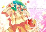  \m/ blush dress fang green_hair macross macross_frontier madam_s microphone one_eye_closed orange_dress ranka_lee red_eyes seikan_hikou short_hair solo star 