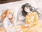  artist_request artoria_pendragon_(all) black_hair blonde_hair closed_eyes fate/stay_night fate_(series) hair_down long_hair multiple_girls pajamas saber sleeping toosaka_rin 