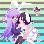  :d ahoge animal_ears bad_id bad_pixiv_id banned_artist black_hair bloomers bunny_ears bunny_tail chibi chibi_inset harano heart hug inaba_tewi long_hair looking_back multiple_girls one_eye_closed open_mouth purple_hair reisen_udongein_inaba short_hair skirt smile striped striped_background tail touhou underwear white_bloomers 