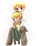  1girl blonde_hair higurashi_no_naku_koro_ni houjou_satoko houjou_satoshi hug pantyhose stuffed_animal stuffed_toy teddy_bear yuzuki_(yuduame) 