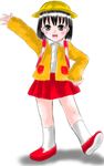  black_hair blue_eyes blush chibi_maruko-chan hand_on_hip helmet isuna kindergarten_uniform kneehighs long_sleeves looking_at_viewer necktie pleated_skirt red_neckwear sakura_momoko simple_background skirt solo standing white_background white_legwear 