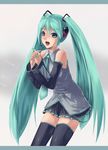  akino_komichi aqua_neckwear green_hair hatsune_miku long_hair necktie solo thighhighs twintails very_long_hair vocaloid zettai_ryouiki 