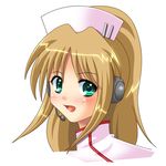  blonde_hair blush chou_shittou_caduceus close-up green_eyes hat headset long_hair nurse nurse_cap ponytail solo tonegawa_anju 