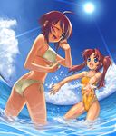  ass back beach bikini blue_eyes brown_hair chikugen_shiina cloud day gundam gundam_seed gundam_seed_destiny lunamaria_hawke meyrin_hawke multiple_girls ocean one-piece_swimsuit one_eye_closed outdoors siblings side-tie_bikini sisters swimsuit twintails 