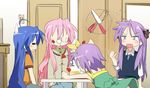  cake faceplant food food_on_face hiiragi_kagami hiiragi_tsukasa ixy izumi_konata knife lucky_star multiple_girls pastry purple_hair takara_miyuki 