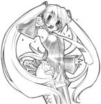  bare_shoulders blush detached_sleeves graphite_(medium) greyscale hatsune_miku headset long_hair monochrome no_panties open_mouth pleated_skirt senomoto_hisashi skirt smile solo thighhighs traditional_media twintails very_long_hair vocaloid zettai_ryouiki 