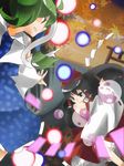  autumn_leaves black_hair bow danmaku detached_sleeves gohei green_eyes green_hair hair_bow hair_ornament hair_tubes hakurei_reimu kochiya_sanae long_hair lowres mountain_of_faith mudo_(saji) multiple_girls torii touhou yin_yang 