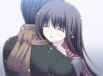  1girl aomura_nao copyright_request couple happy hetero hug snow snowing 