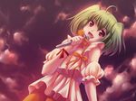  ahoge dutch_angle fujirin green_hair macross macross_frontier md5_mismatch microphone open_mouth ranka_lee red_eyes short_hair sky solo 