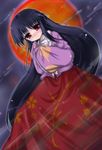  akino_ochiba black_hair blush full_moon hands_in_opposite_sleeves houraisan_kaguya japanese_clothes long_skirt looking_at_viewer moon red_eyes red_moon red_skirt skirt smile solo touhou wide_sleeves 