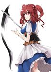  alternate_weapon hair_bobbles hair_ornament holding onozuka_komachi red_eyes red_hair scythe simple_background solo takemori_shintarou touhou two_side_up weapon white_background 