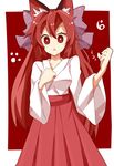  alternate_costume alternate_hairstyle animal_ears bad_id bad_pixiv_id bow cat_ears hair_bow japanese_clothes kaenbyou_rin kuromari_(runia) long_hair long_sleeves miko open_mouth paw_print red_eyes red_hair shirt skirt solo touhou wide_sleeves 