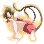  :3 animal_ears barefoot blush brown_hair cat_ears cat_tail chen closed_eyes earrings error jewelry long_sleeves lying multiple_tails shirosuzu short_hair sleeping smile solo tail touhou 