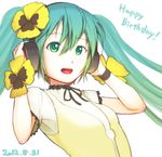  2012 dated flower green_eyes green_hair happy_birthday hatsune_miku headphones long_hair looking_at_viewer open_mouth pansy project_diva_(series) project_diva_f simple_background solo tohogaeru twintails vocaloid weekender_girl_(vocaloid) white_background 