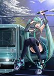  arms_up blue_hair detached_sleeves green_eyes green_hair ground_vehicle hatsune_miku highres koruse long_hair microphone necktie sitting skirt thighhighs train twintails very_long_hair vocaloid 