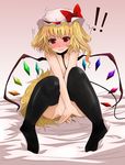  1girl animal_ears arano_oki black_legwear blonde_hair blush bow collar crystal dog_ears dog_tail flandre_scarlet hat hat_bow leash nude on_bed open_mouth red_eyes ringed_eyes short_hair side_ponytail sitting smile solo tail thighhighs touhou wings 