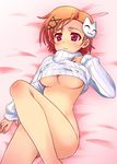  accel_world bottomless breasts cat_hair_ornament convenient_leg covered_nipples hair_ornament kurashima_chiyuri large_breasts long_legs lying naked_sweater on_back orange_hair purple_eyes shirt_lift short_hair solo striped sweater turtleneck underboob vertical_stripes watanabe_sumiko 