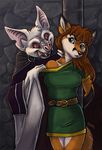  anthro bat brown_hair canine captive caribou_(artist) duo fangs female fox fur green_eyes hair mammal red_eyes sara_palmer tongue tongue_out vampire white_fur 